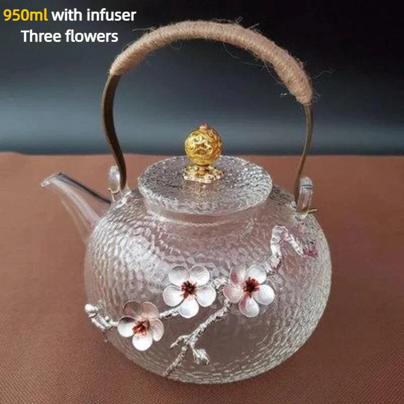 

Чайник из термостойкого стекла ручной работы в китайском стиле с дизайном цветущей сливы – Жаропрочный чайник для цветочного чая с верхней ручкой 950ML-Three Flowers