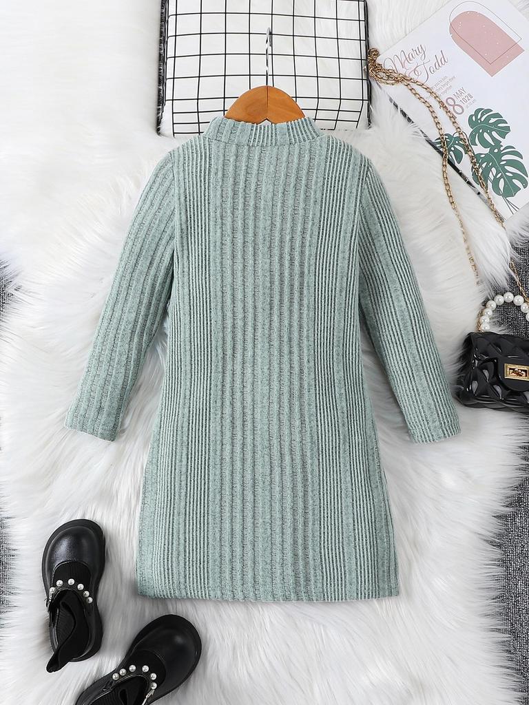 Girls' baby long-sleeved round-neck green striped casual fashion cute dress