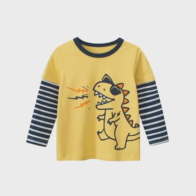 27Kids Spring 2025 Boys' Long-Sleeve Dinosaur T-Shirt with Faux Two-Piece Design