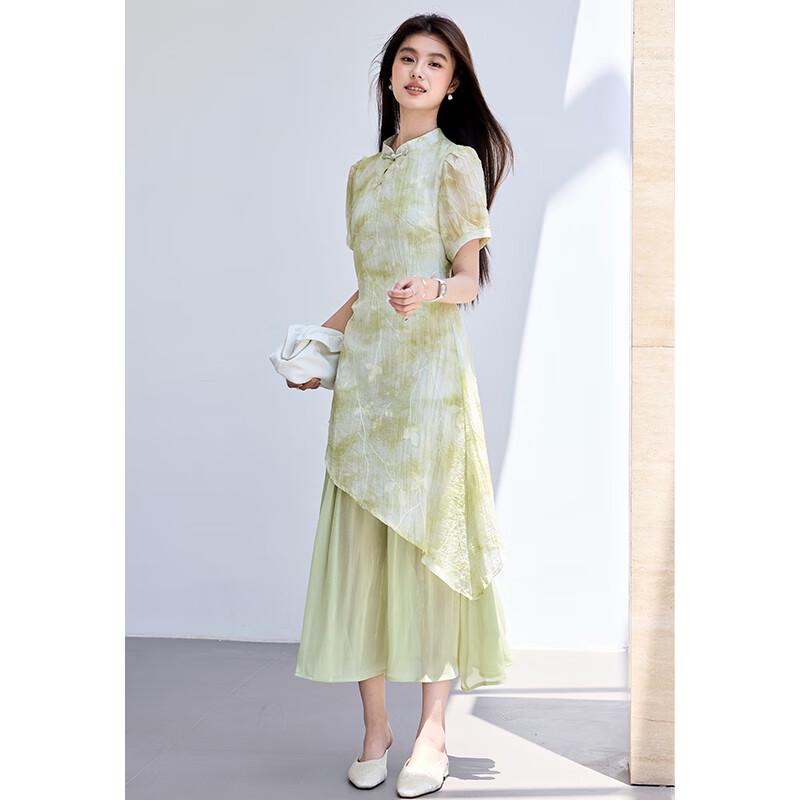 VICTORIA&VERA Summer New Chinese Style Embroidered Faux Two-Piece Cheongsam Midi Dress