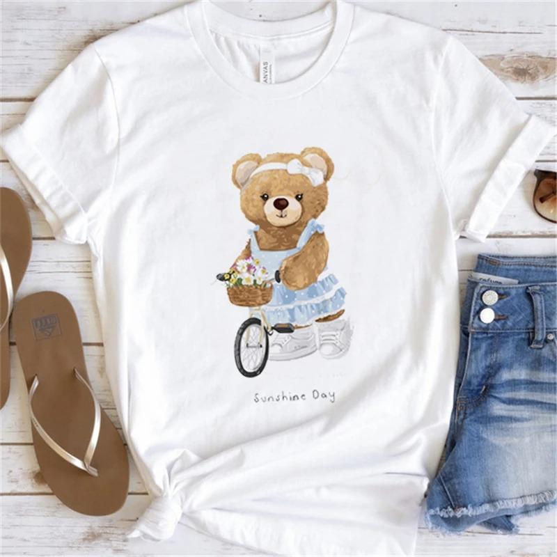 

Cute Little Bear Print TShirt Summer Trend White Short Sleeve Neck Casual Sports Aesthetic Clothes Womens Graphic T Shirts 4XL