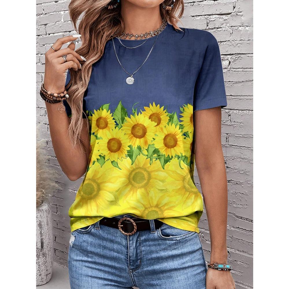 Sunflower Color Flower 3D Printing Women's T-shirt Casual Round Neck Short-sleeved Top Harajuku Y2k Tee Women's Clothing