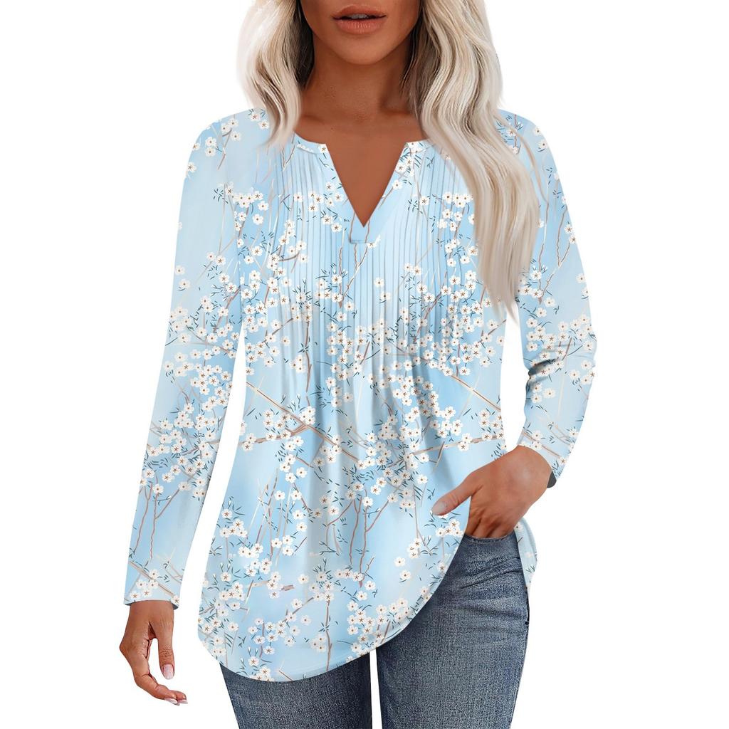 Dámská móda Ležérní Plisované Tričko s V výstřihem a Dlouhým Rukávem Elegantní Top