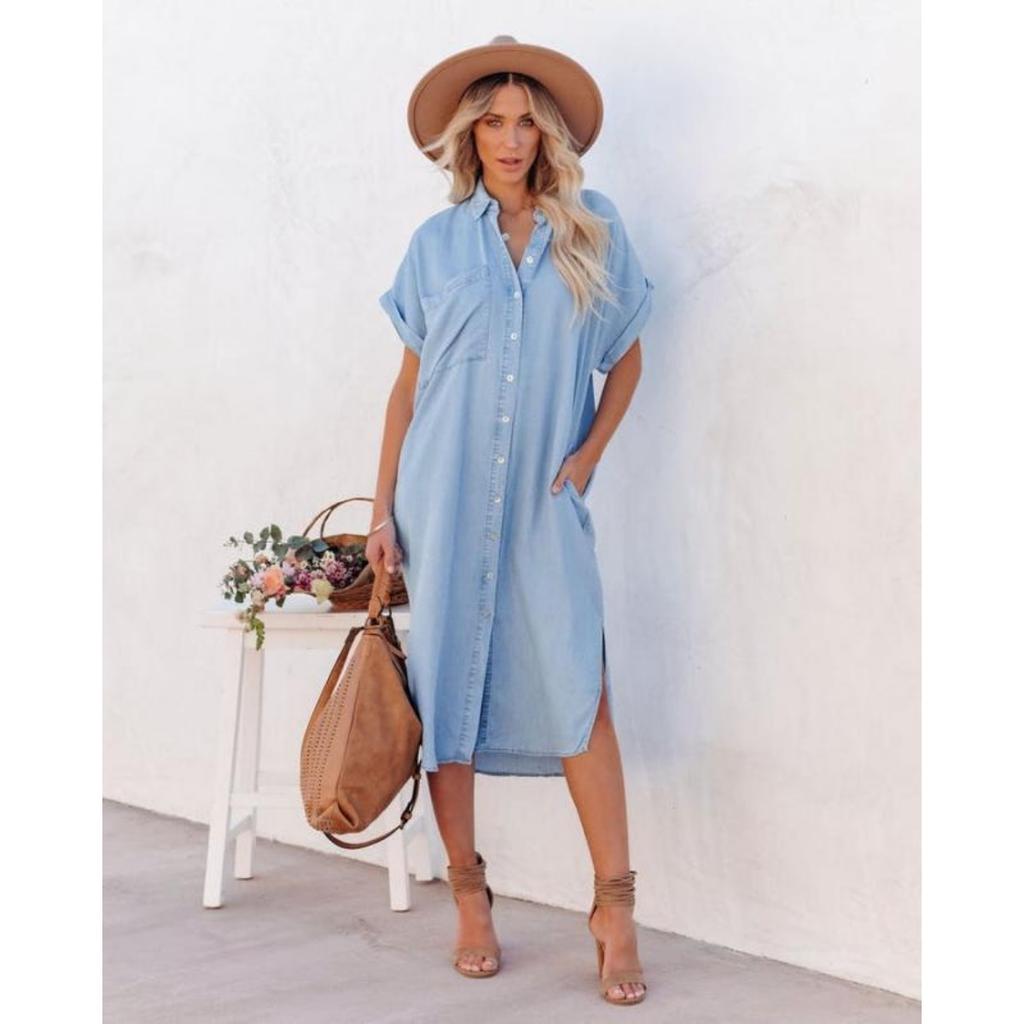 Nuova Moda Europea Americana Tinta Unita Denim Manica Corta Spacco Vestito Camicia Midi