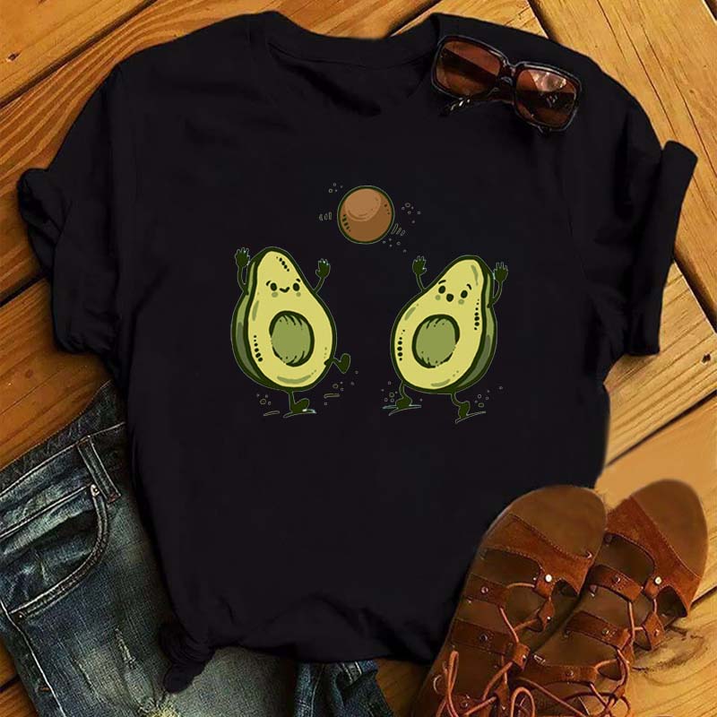Maycaur New Women T-Shirts Summer Cute Avocado Printed Tops Tees Female T-shirt Short Sleeve White Tshirt for Lady Casual Tops
