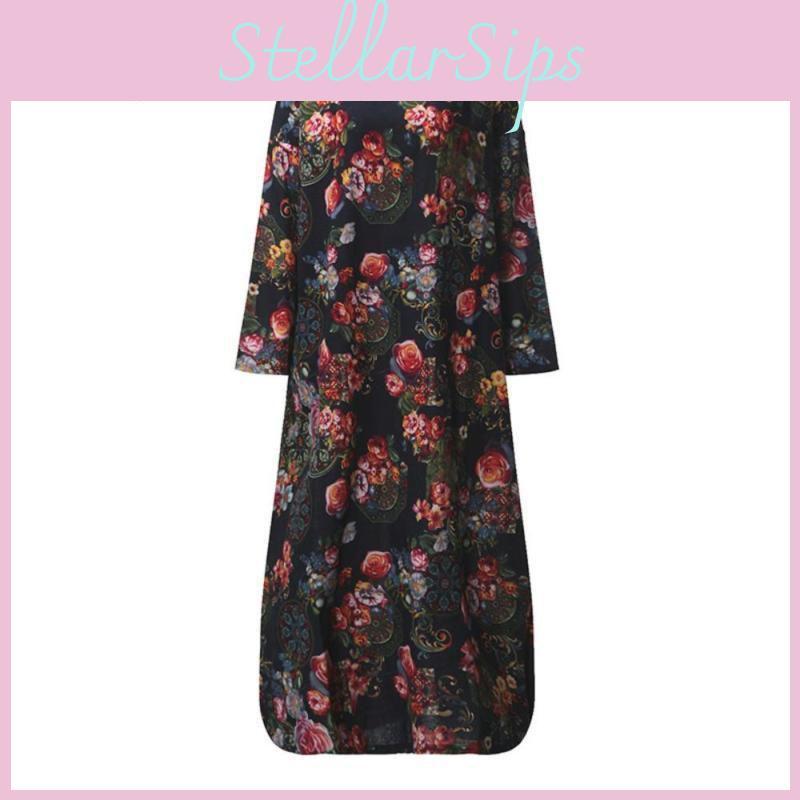 Women Vintage Casual Floral Printed Loose Dress Kaftan With Premium Quality Cotton Material