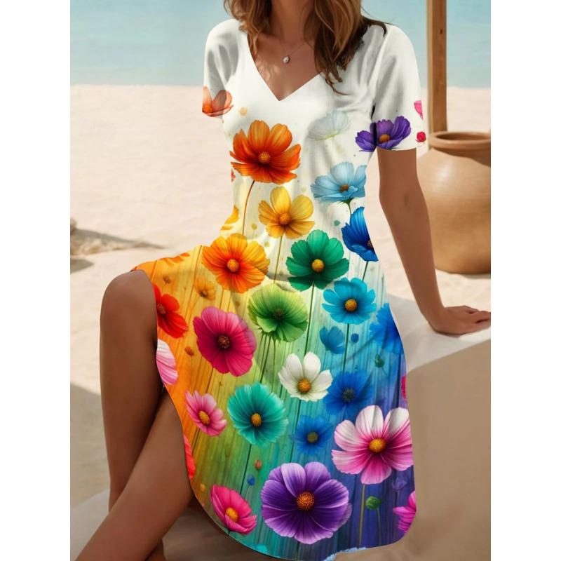 TIFICY Women s Fashion Summer Spring Flower Pattern Print Short Sleeve V-Neck Loose Waistline Casual Dresses S