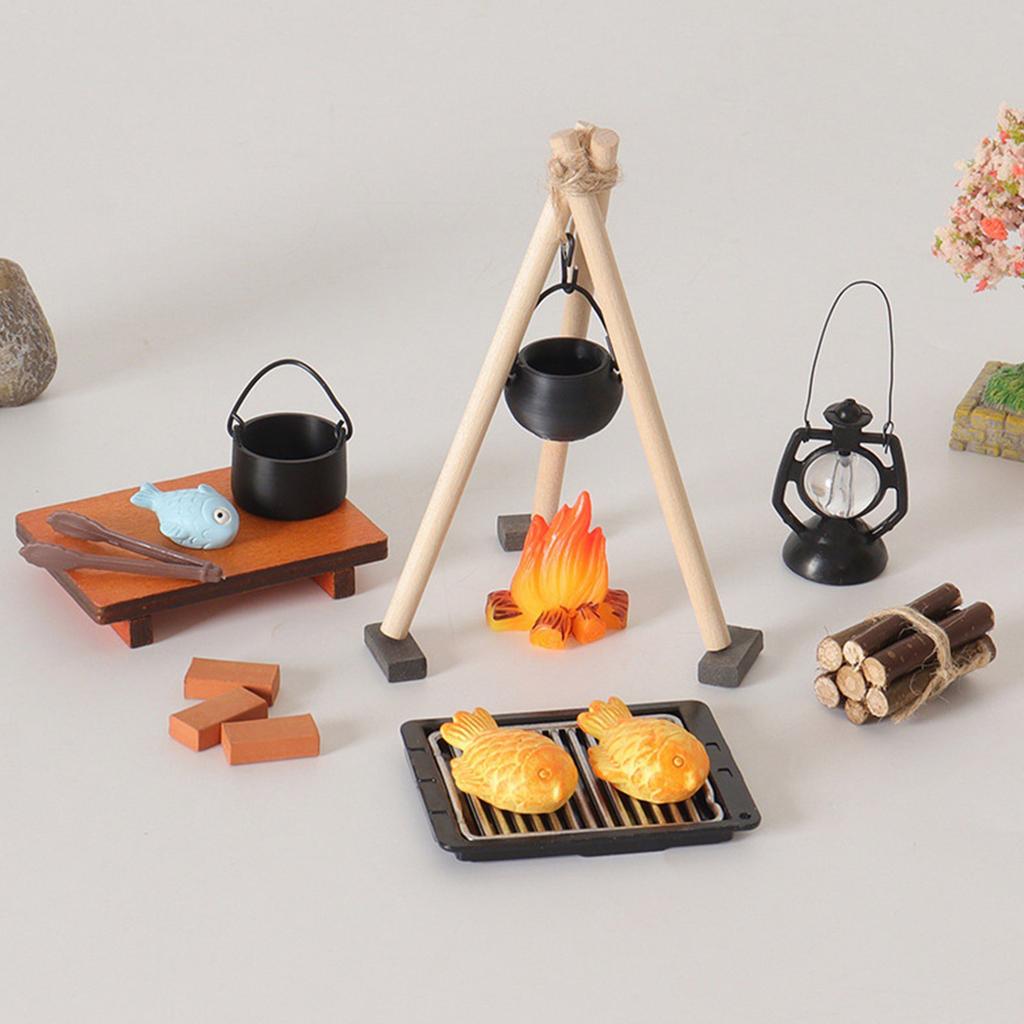 1/12 Camping Accessories With Cooking Utensil and Campfire Realistic Flame Effect For Miniature Scene Display Setting