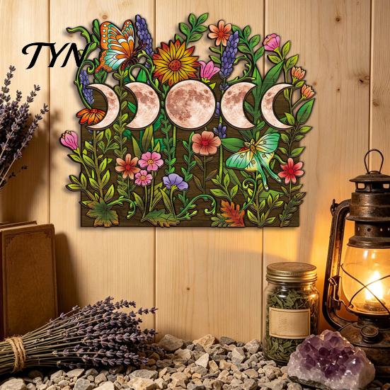 Rustic Bedroom Decor Boho Moon Mushroom Wall Hanging Decor, Vintage Forest Multi-Layer Wooden Plaque, Floral Nature Inspired Art Butterfly Themed