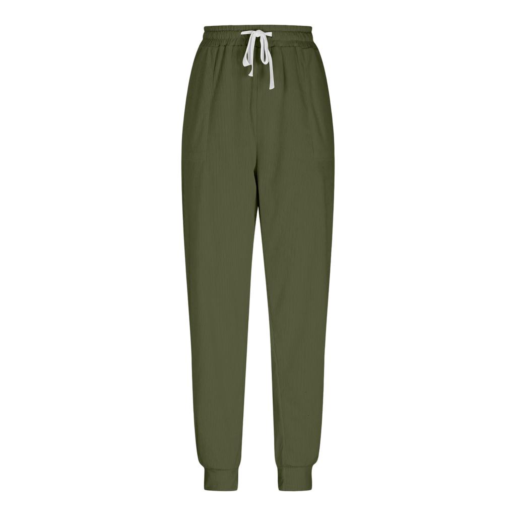 Women's Fashion Solid Color Elastic Waist Pocket Strap Foot Strap Casual Pants