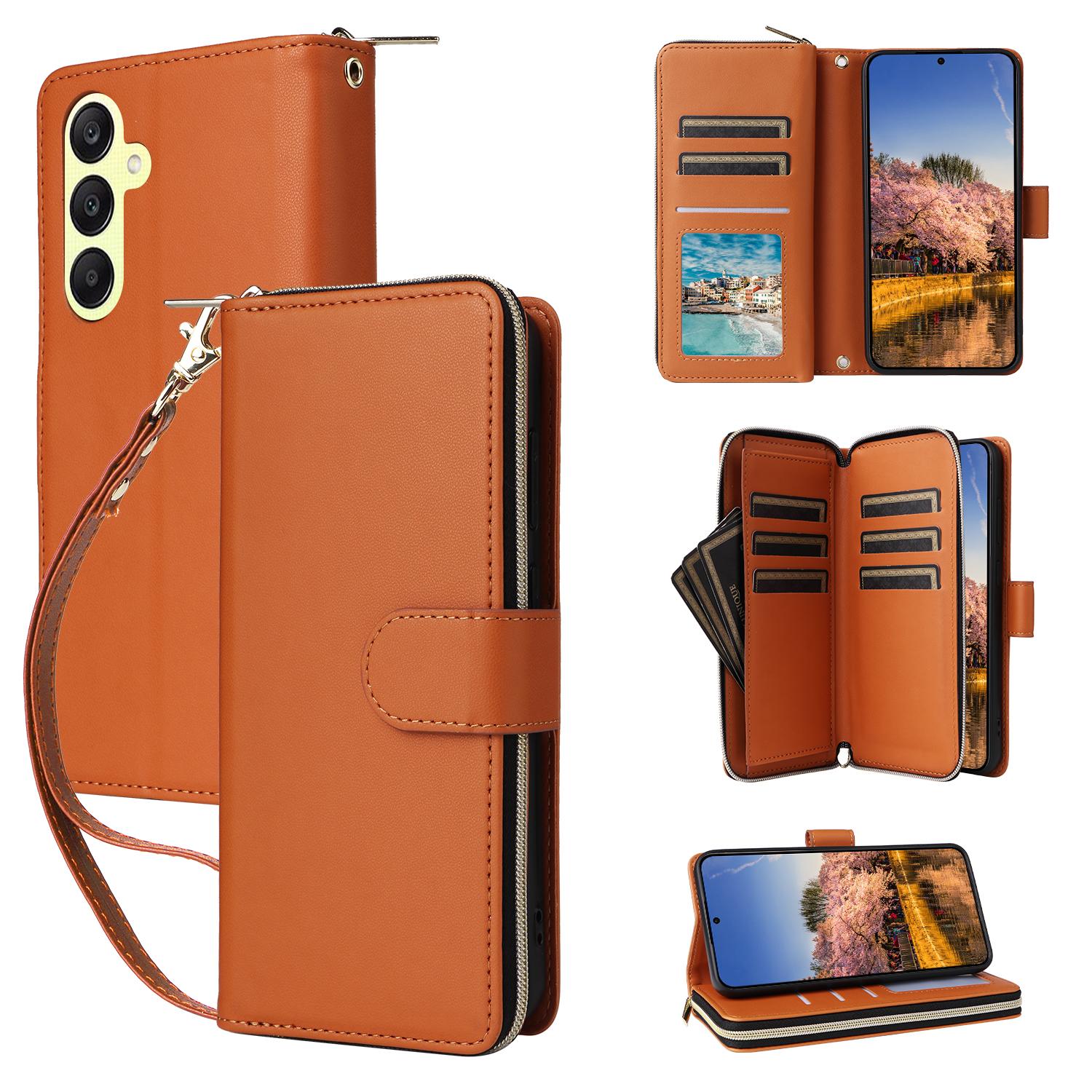 

R20 For Samsung Galaxy A25 5G (Global) (161.0 X 76.5 X 8.3mm) Case Zipper Pocket Leather Cover Brown