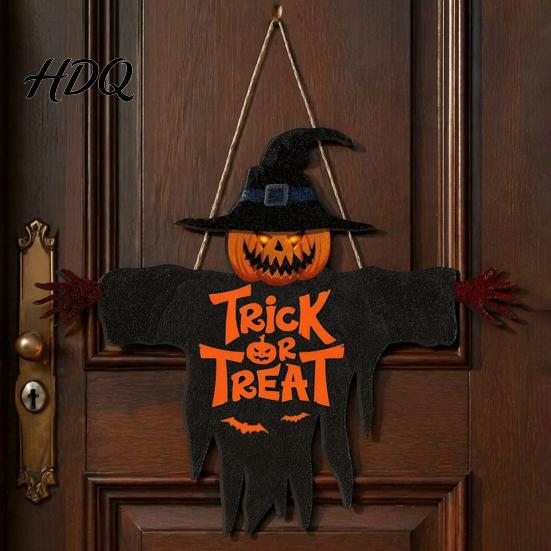 Autumn Holiday Wall Decor Halloween Wooden Hanging Door Sign Scarecrow Pumpkin Wizard Ornament Trick or Art Treat Plaque Rustic Party Hanger,