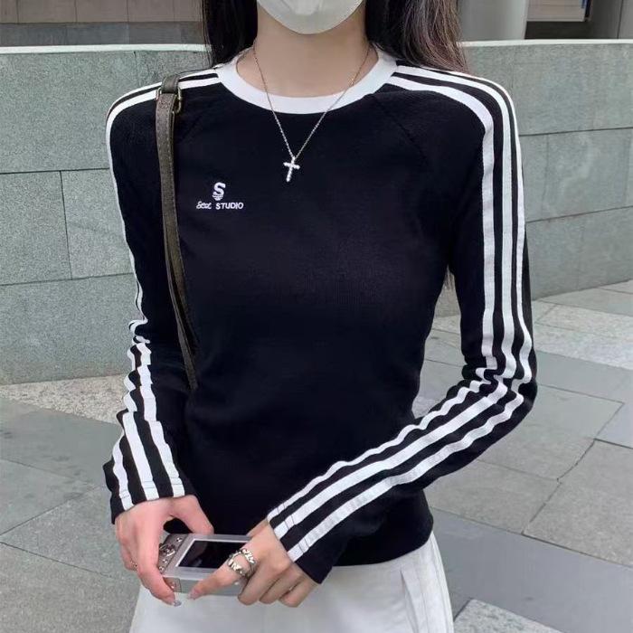 

Весна Осень Модал Принт Три Полоски Футболка с Длинным Рукавом Женская Круглый Вырез Повседневный Теплый Базовый Слой Топ M