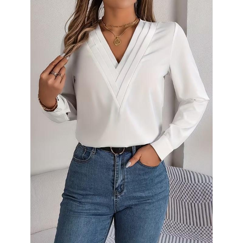 Womens Dressy Casual Shirts Long Sleeve Layered V Neck Solid Elagant Tops Fall Winter Preppy Business Office Blouse
