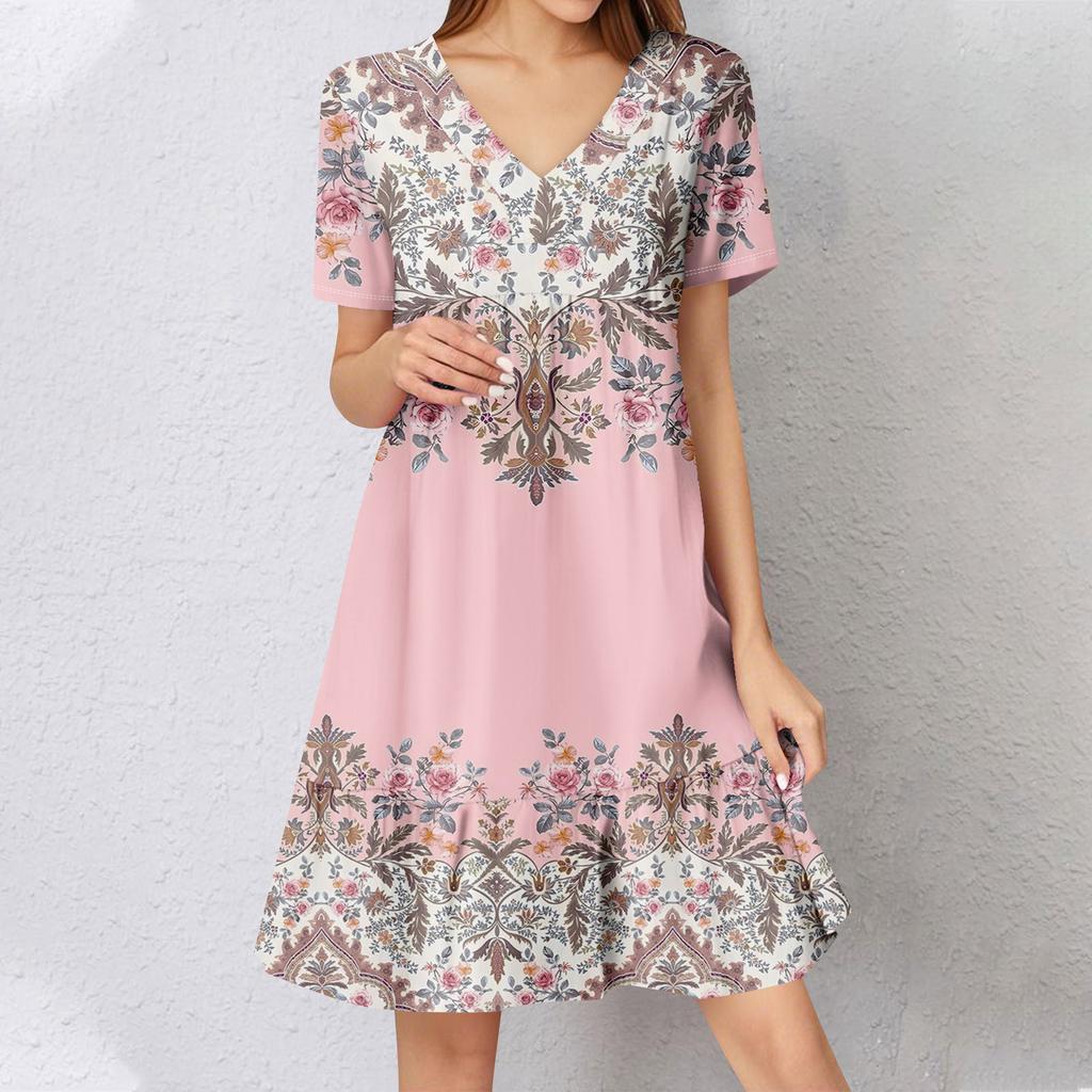 Womens Summer Dress Short Sleeve V Neck Short Dresses Fashion Casual Flowy Boho Ruffle A Line Swing Sundress