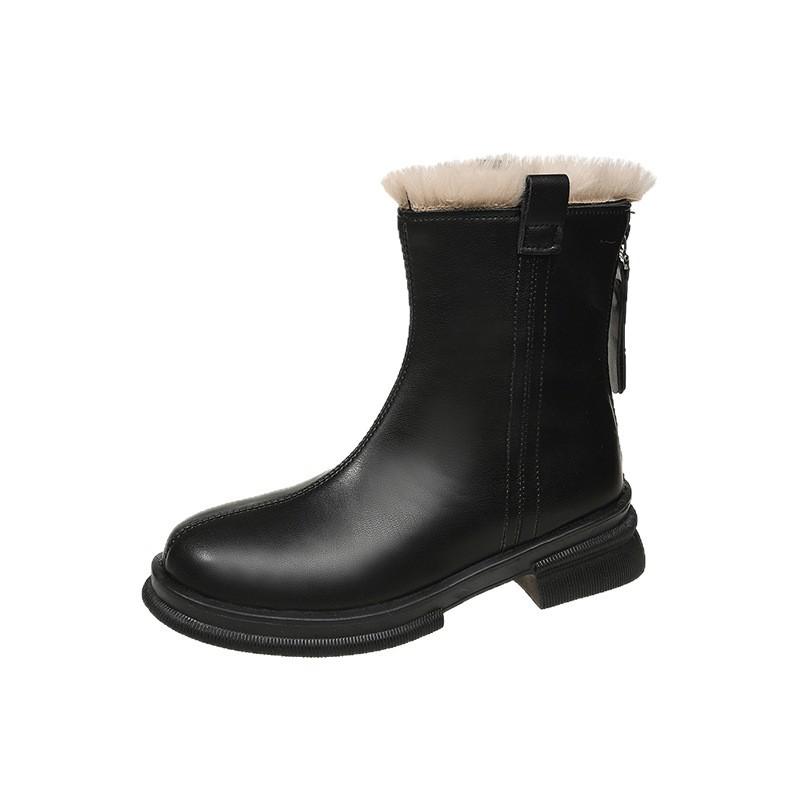 Soft Leather Soft Bottom Low Heel Hairy Mouth Mid Boots Trendy Fashion Boots Women's Boots 2025 Autumn and Winter New Velvet Versatile