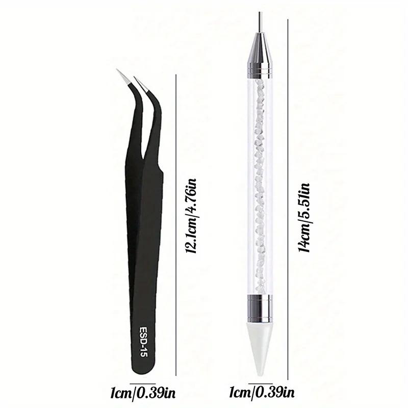 2Pcs Nail Art Diamond Pens with Diamond-encrusted Crayons with Stainless Steel Tweezers Nail Grafting Eyelashes Manicure Tools