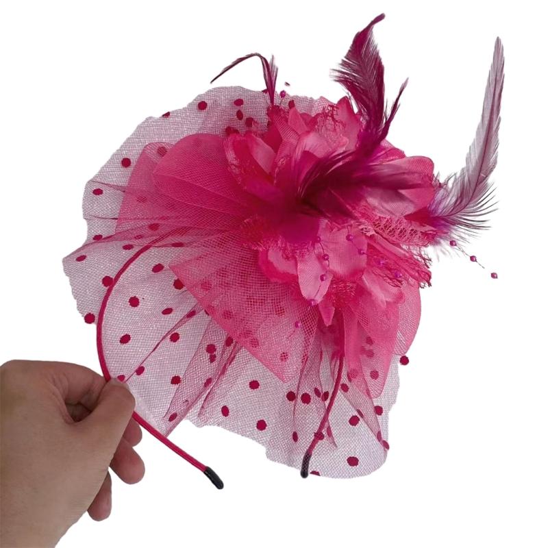 

Elegant Floral Fascinators Headband with Mesh Pillbox Hat for Makeup Party рожевий червоний колір