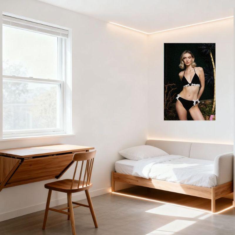 Sexy Blonde Woman Black Bikini High-Cut Lace Trim Tin Sign Vintage Metal Poster Dark Green Background Wall Decor for Home Bar Ca