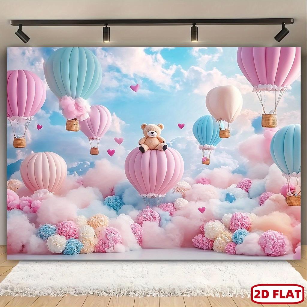 One Piece. Pink Sky Birthday Celebration Background. Polyester Material. Design with Small Bear Balloons and Flowers.