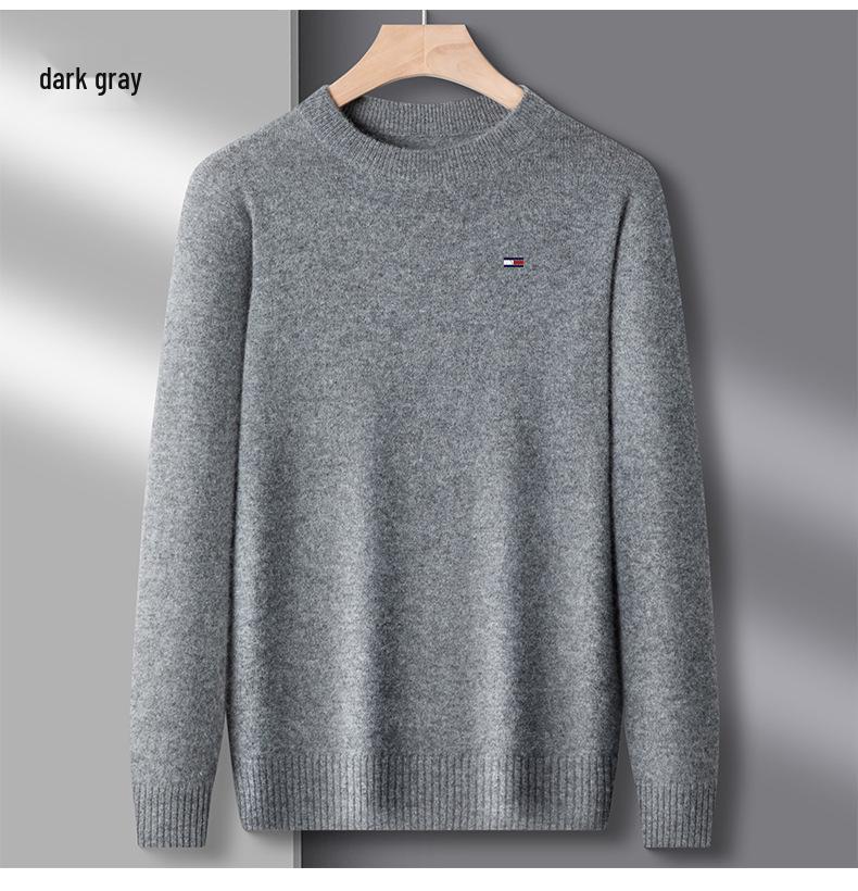 Men's American Tommy Wool Round Neck Thickened Cashmere Sweater - Casual Solid Color Knit Pullover