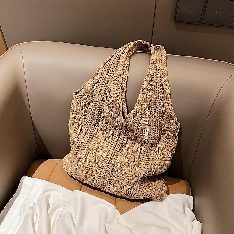 Wool Knitted Shoulder Shopping Bag for Women Vintage Cott Cloth Girls Tote Shopper Bag Large Female Handbag Crochet Bag