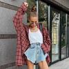 Fall Vintage American Red Scottish Plaid Antique Shirt Women Casual Loose Long Sleeve Blouse Plus Size