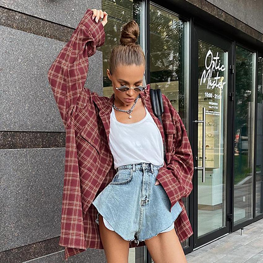 Fall Vintage American Red Scottish Plaid Antique Shirt Women Casual Loose Long Sleeve Blouse Plus Size