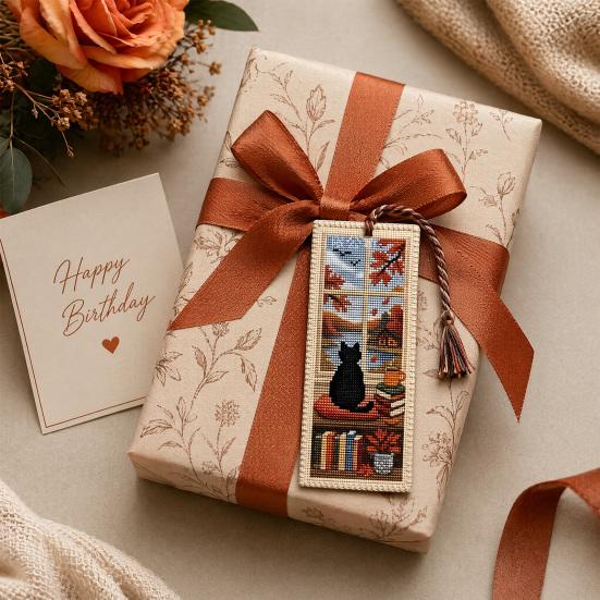 Seasonal Cat Cross-Stitch Bookmark, Four Seasons Black Cat Bookmark with Braided Rope, Handcrafted Book Page Marker for Book Lovers