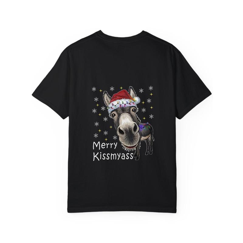 White T-Shirt with Donkey Wearing Santa Hat and Merry Kissmyass Text Christmas Holiday Party Wear