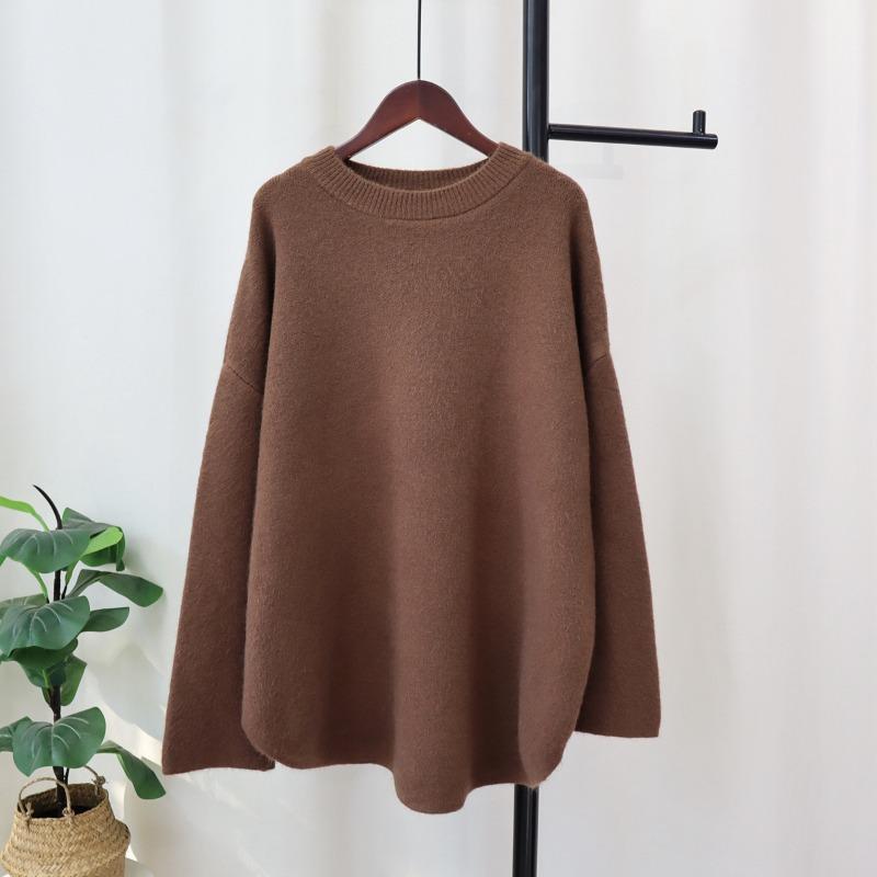 Thickened solid color medium and long knitted sweater top women's autumn and winter new loose soft waxy lazy wind sweater pullover
