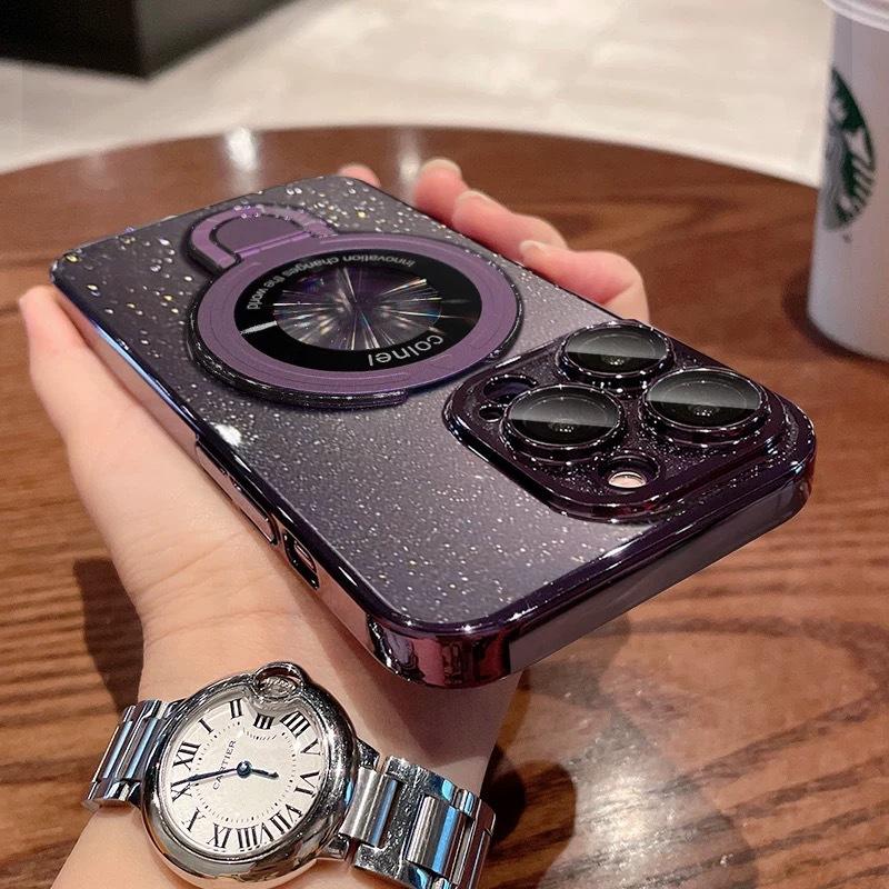 Applicable To IPhone17 Plating Flash Powder Leakage Mark Magnetic Suction Bracket Mobile Phone Case Apple 16pro Lens Film Protection Case