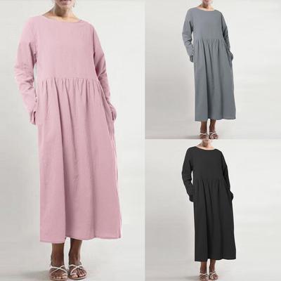 Mode Damen Baumwolle und Leinen Volltonfarbe Langarm Tasche Langes Kleid