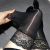M68A Lace Trim Over Knee Nylon Stockings With Silicone Grip Shimmering Glossy See Through Thigh High Long Socks For Women