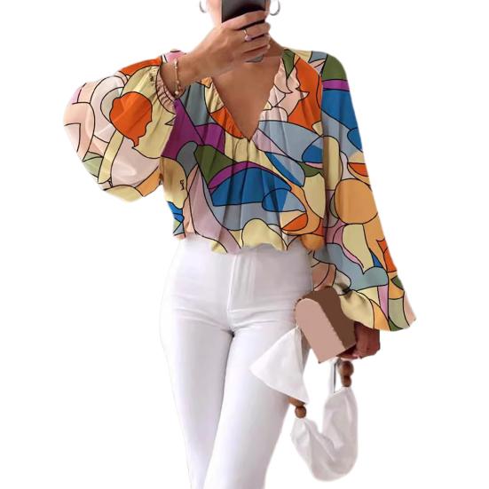 

Женские повседневные топы с v-образным вырезом, пуловеры с длинными рукавами и фонариками, свободные футболки с цветным принтом, уличная одежда S жёлтый