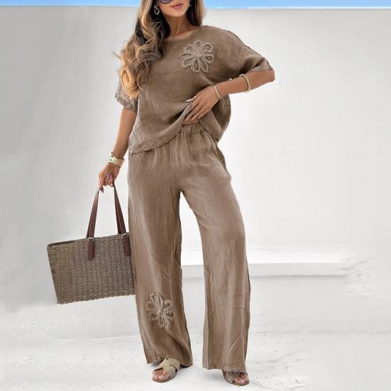 Women's Cotton Linen Two-Piece Outfit Short Sleeve Crew Neck Top And Wide Leg Pants Set Floral Embroidery Casual Lounge Tracksuit