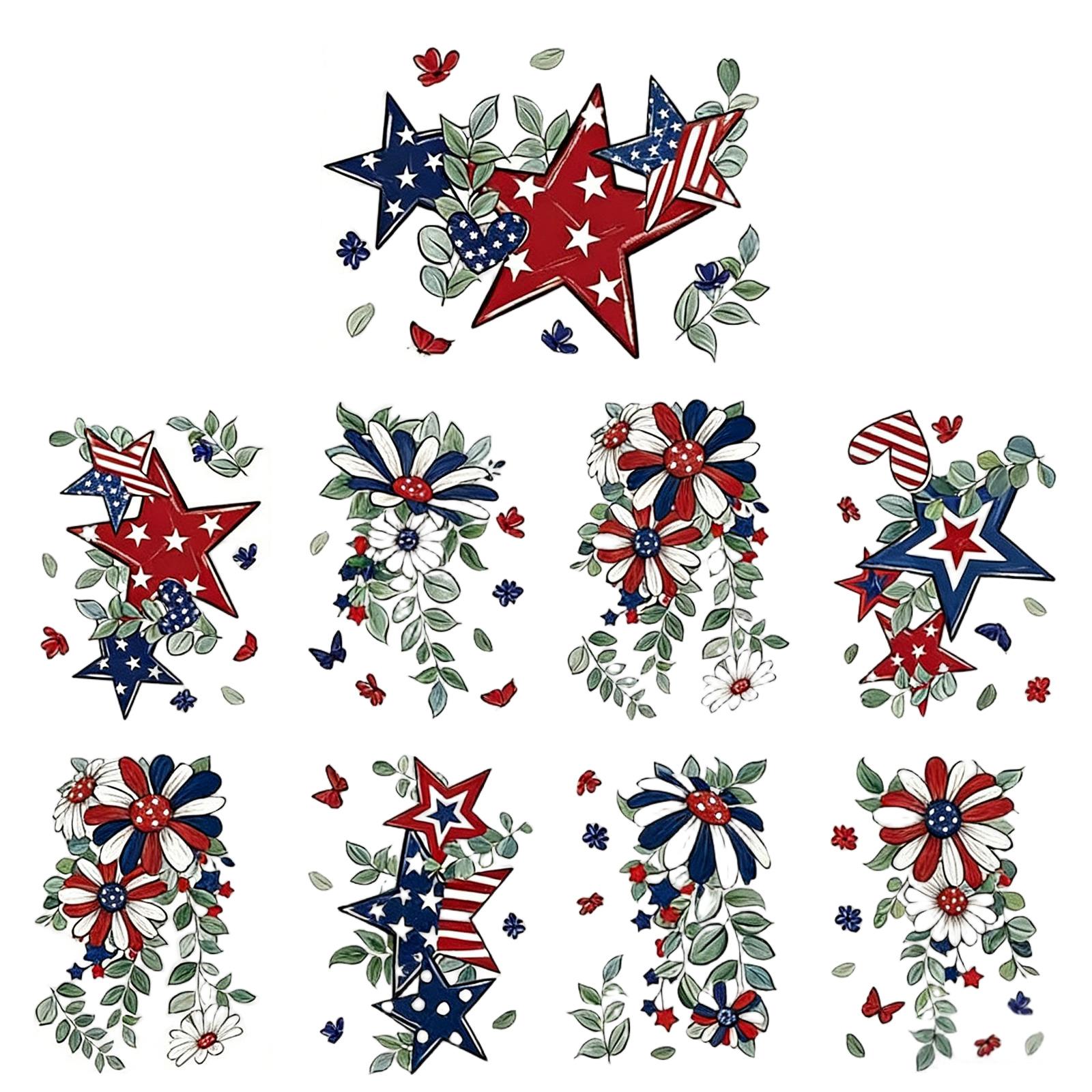 

8 Sheets Patriotic Window Clings, Window Stickers Star Flower Butterfly Hanging Vine Floral Window Decals For Independence Day One Size