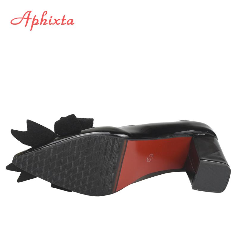 Fashion Aphixta Elegant Square Heels Patent Leather Official Pumps Women Bling Sequins Butterfly-knot Pointed Toe Dress Shoes Woman