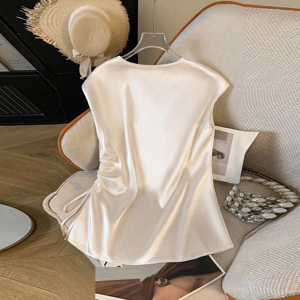 Damen Freizeit Satin V-Ausschnitt Tunnelzug Hemd Top