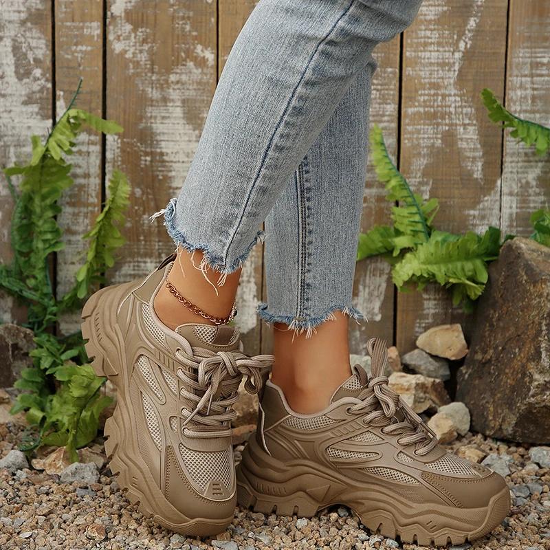 Fashion Retro Khaki Chunky Platform Sneakers Women 2025 Autumn Thick Bottom Breathable Mesh Sports Shoes Non Slip Woman's Hiking Shoes