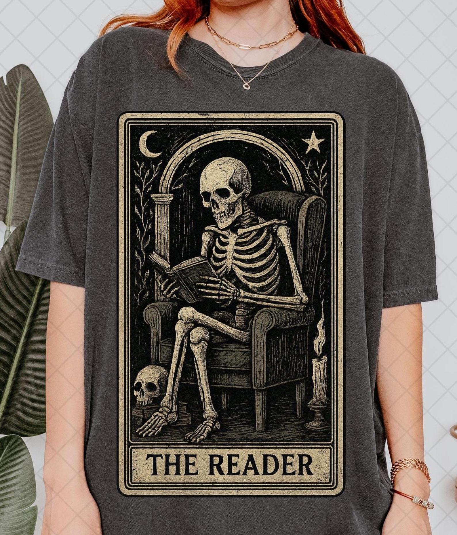 Comfort Colors The Reader Tarot Card Shirt, Skeleton Reading Shirt, Unisex Tarot Card Shirt, Book Lover Gift, Bookish Gift 3XL