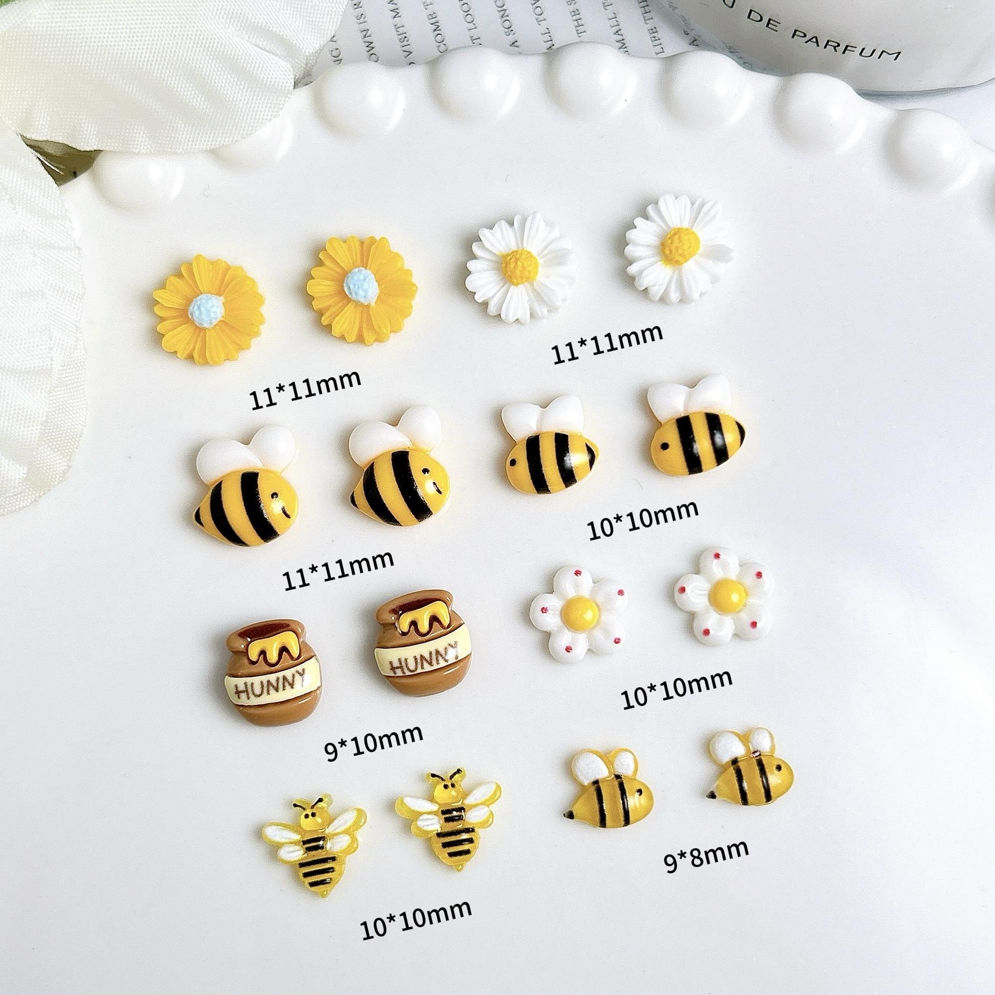 50PCS 3D Cartoon Cute Yellow Bee Nail Art Charms Creative Chubby Honey Can Sunflower Daisy Resin Nail Decorations for DIY Nails
