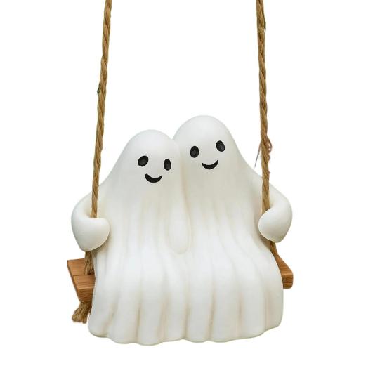 Halloween Couple Ghost Swing Statue Resin White Ghost Swinging Figurine Cute Ghost Sculpture for Garden Patio Yard Decor