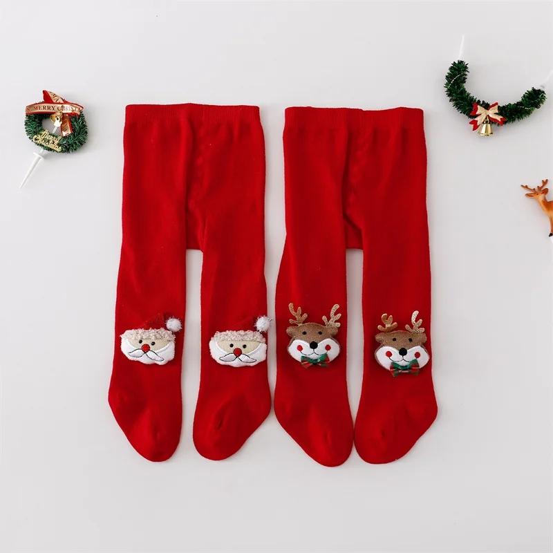 2piece/set Infant Baby Girl Tights Christmas Newborn Elk Pantyhose for Girls Cotton Red Santa Claus Knitted Girls Stockings