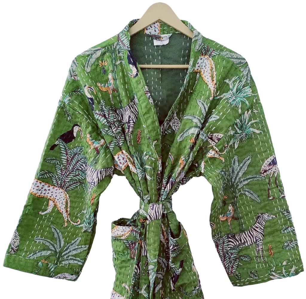 Pranipat Handicrafts Cotton Animal Print Lightweight Open Front Mid Length Hippie Women Kantha Jacket, Free Size