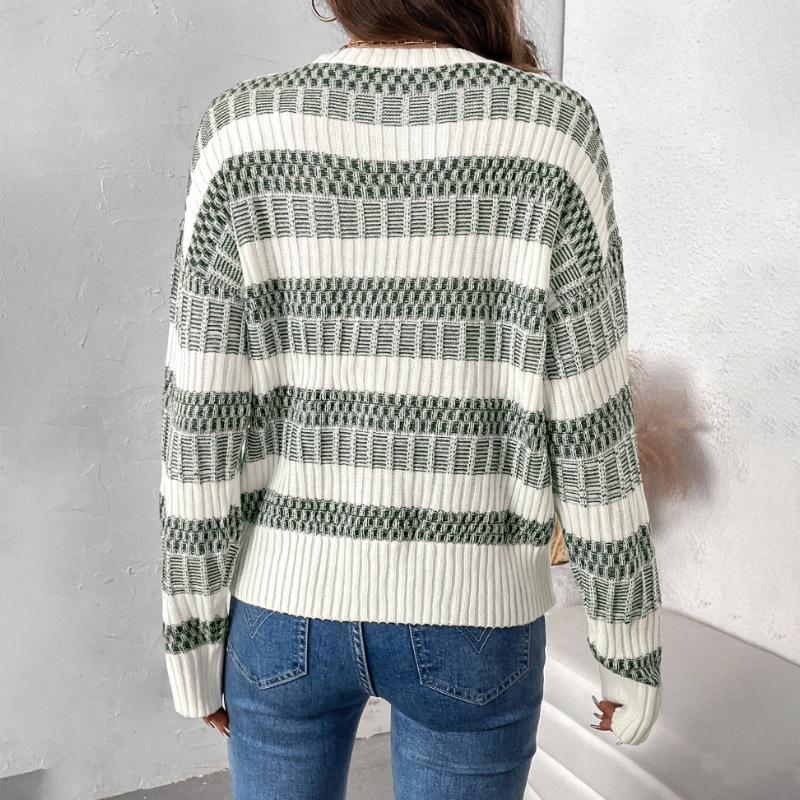 2026 Retro Style Loose Round Neck Double Stripe Long Sleeve Sweater for Women - Autumn/Winter Collection