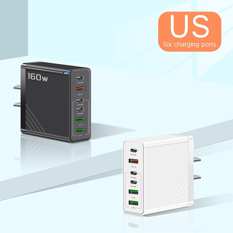 160W 6-Port Fast Charging Usb Type C Quick Charge Pd Qc3.0 Wall Charger Adapter For Iphone Xiaomi Samsung Huawei Phone Charger