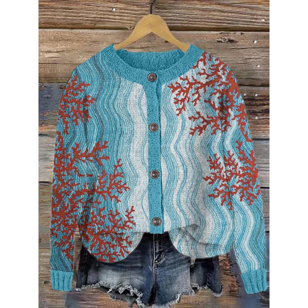 Women s V Neck Long Sleeve Cardigan Oversized Fit Sweet Gentle Style 3D Digital Print Knit Jacket Spring Casual Outerwear S