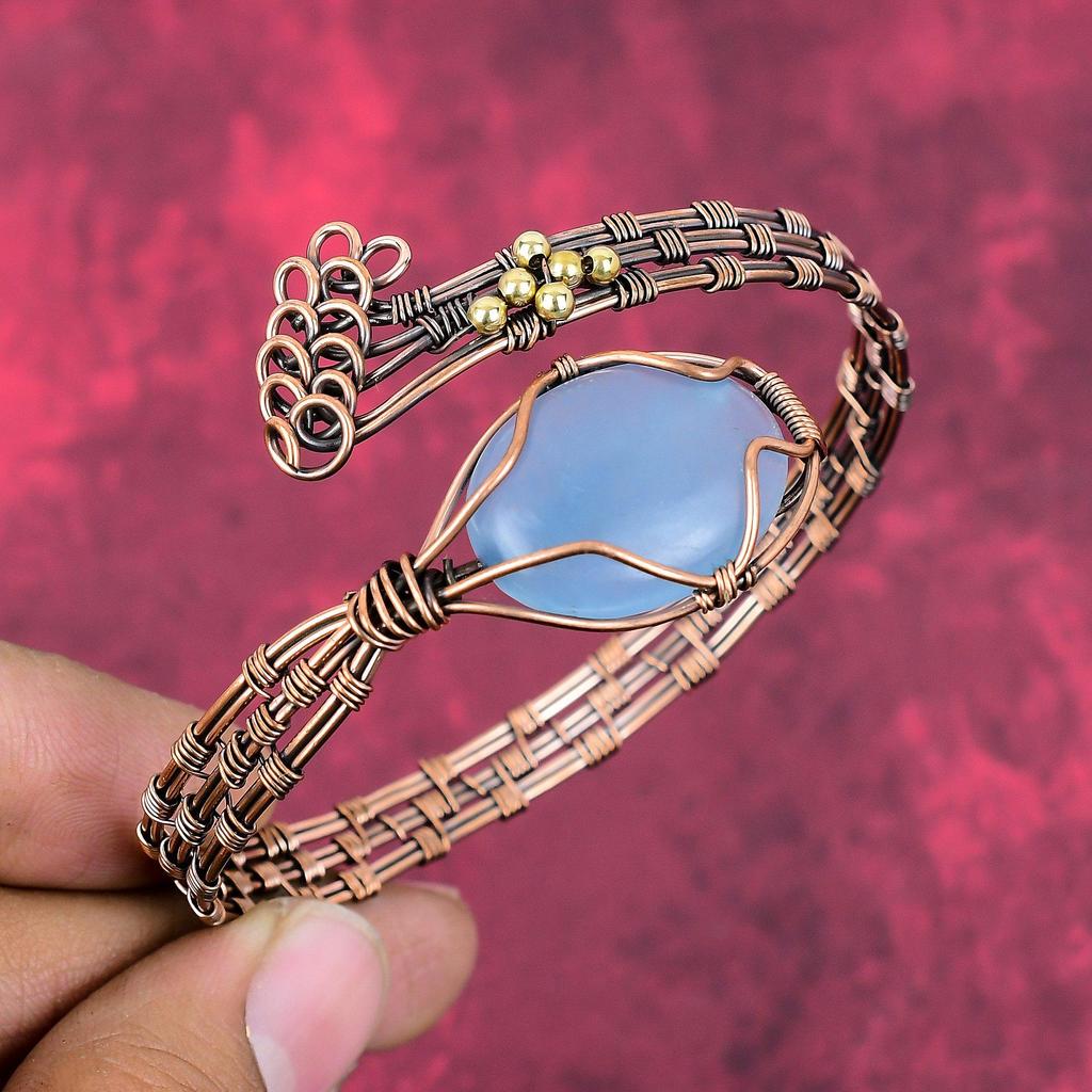 Aquamarine Cuff Bracelet Copper Wire Wrapped Gemstone Bangle Adjustable Cuff Bracelet Handmade Wire Wrap Jewelry Gifts for Him Dainty Bangle