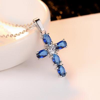 Gorgeous Blue Oval Cubic Zirconia Cross Pendant Necklace for Women Valentine's Day Gift for Girlfriend Charming Jewelry